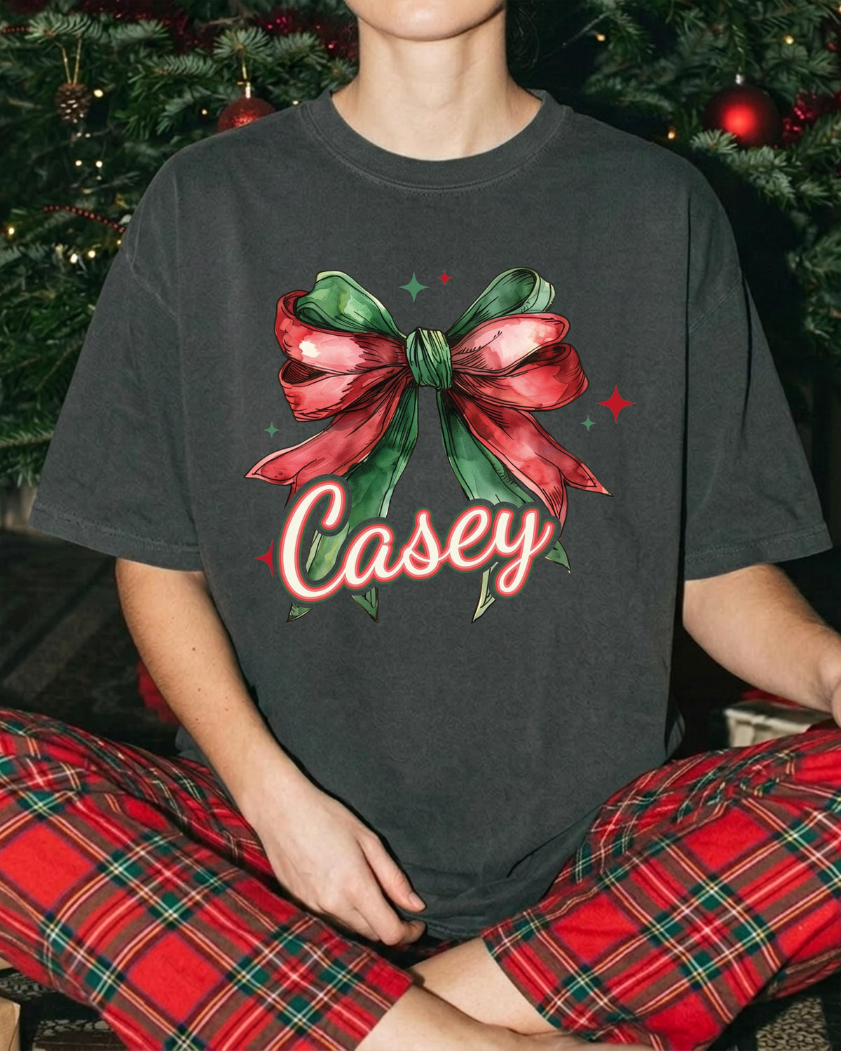 Personalized Christmas Comfort Colors® Shirt, Christmas Bow T-Shirt, Holiday Girls Tee