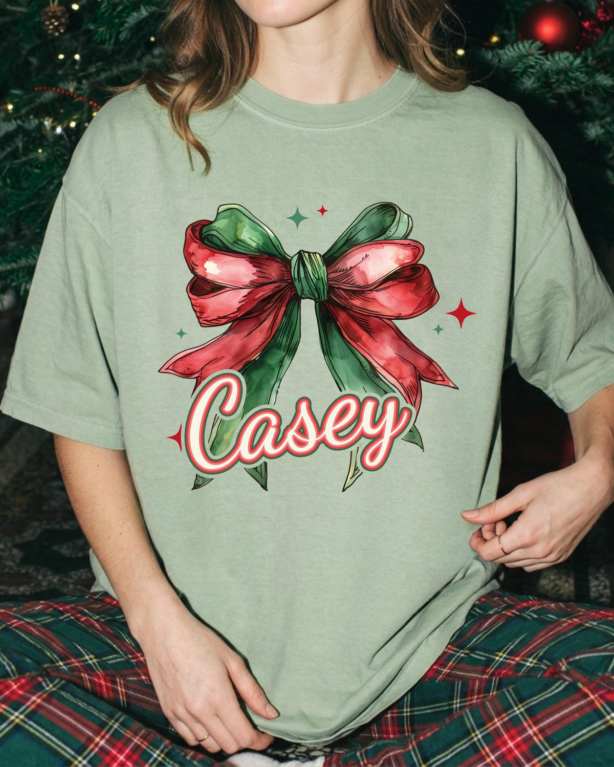 Custom Christmas Name Comfort Colors® T-Shirt, Coquette Bow Xmas Tee, Women Holiday Gift