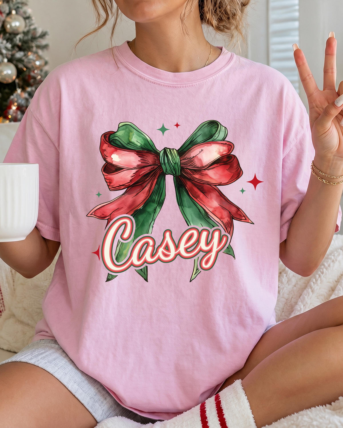 Custom Christmas Name Comfort Colors® T-Shirt, Coquette Bow Xmas Tee, Women Holiday Gift