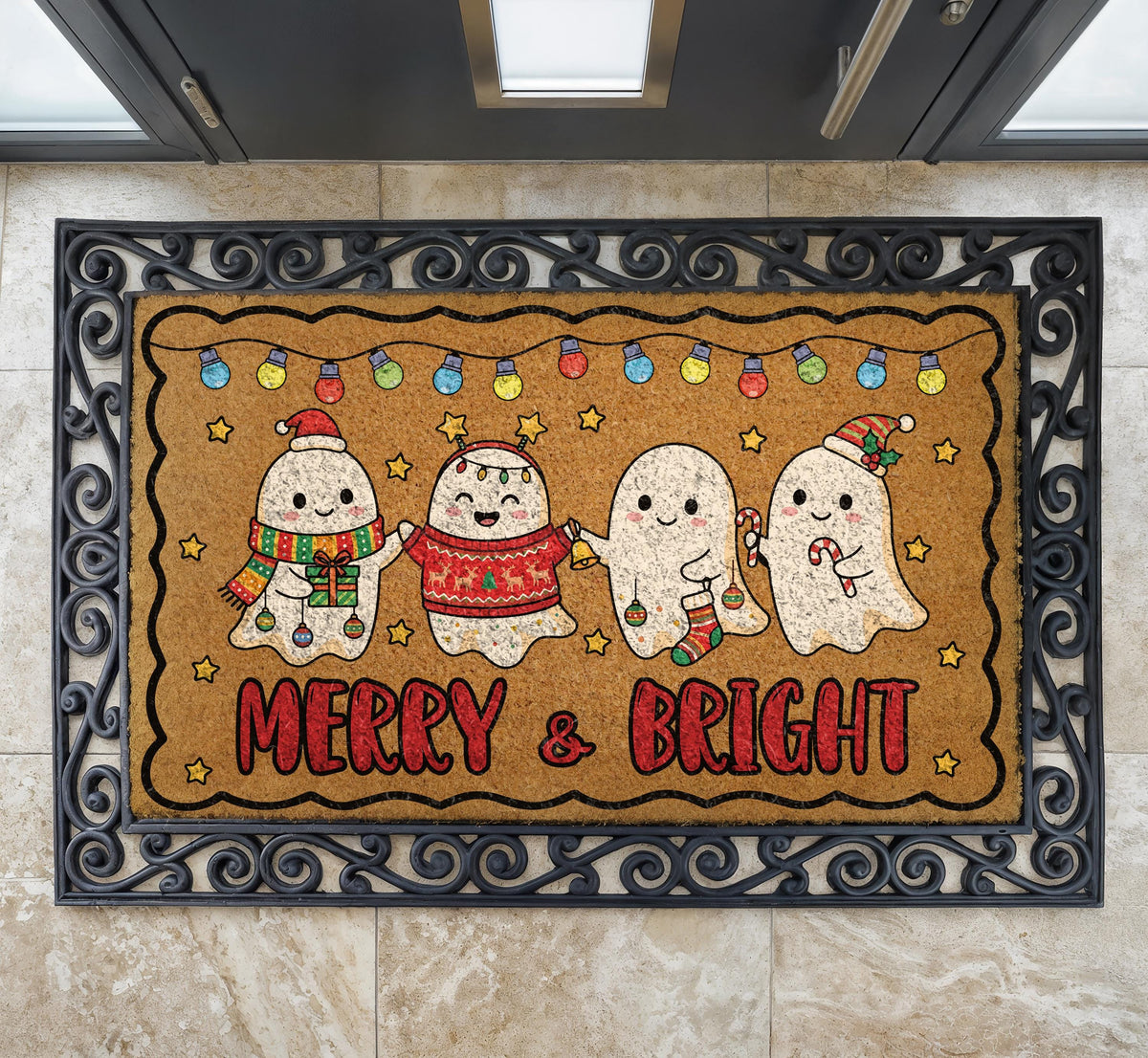 Merry and Bright Ghost Doormat, Spooky Christmas Welcome Mat, Creepmas Front Porch Decor