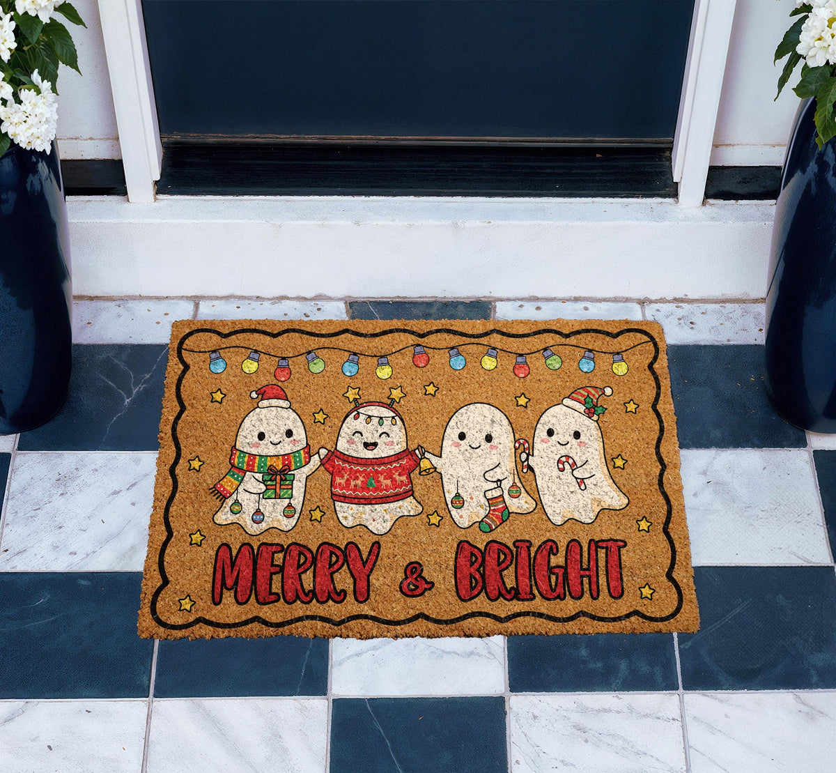Merry and Bright Ghost Doormat, Spooky Christmas Welcome Mat, Creepmas Front Porch Decor