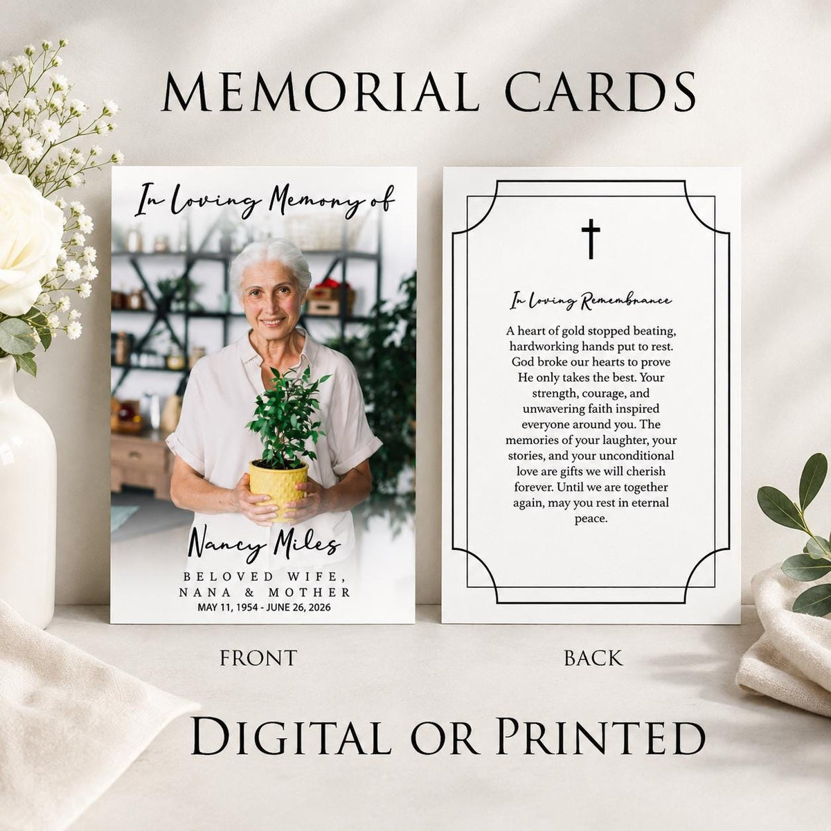 Personalized Memorial Prayer Cards, Custom Photo Keepsake, Funeral Favor (Digital or Printed)