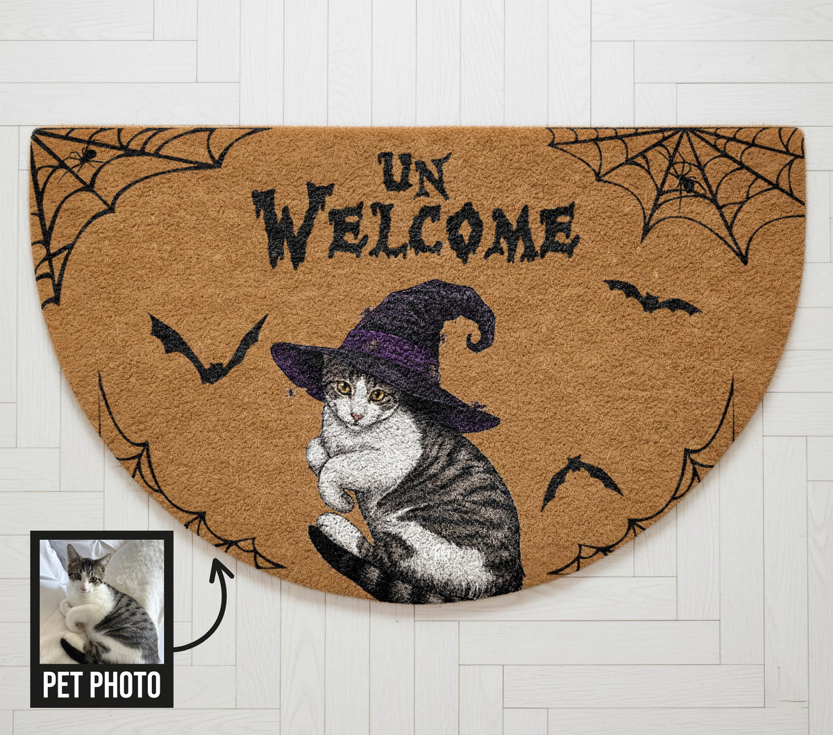 Custom Cat Halloween Doormat, Semi Circle Unwelcome Mat, Personalized Pet Portrait Coir Rug, Spooky Porch Decor, Funny Witchy Cat Gift