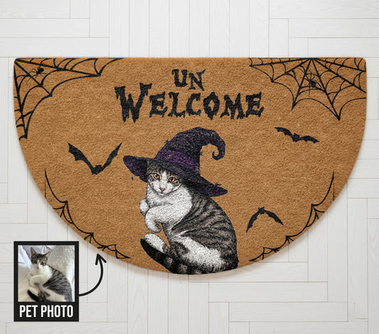 Custom Cat Halloween Doormat, Semi Circle Unwelcome Mat, Personalized Pet Portrait Coir Rug, Spooky Porch Decor, Funny Witchy Cat Gift