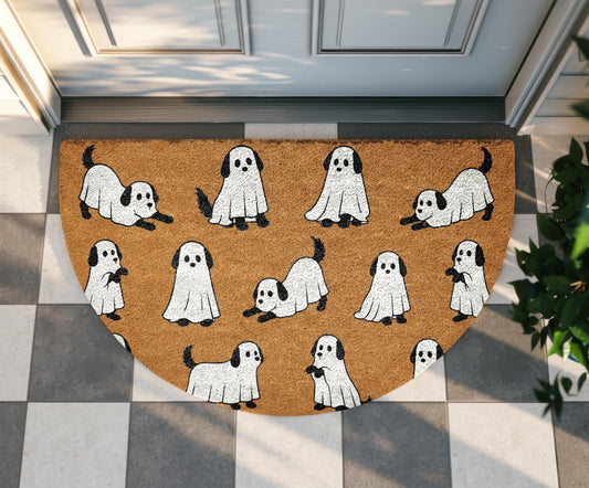 Ghost Cat and Dog Halloween Doormat, Semi Circle Coir Mat, Spooky Pet Welcome Rug, Cute Ghost Animal Porch Decor, Fall Front Door Mat