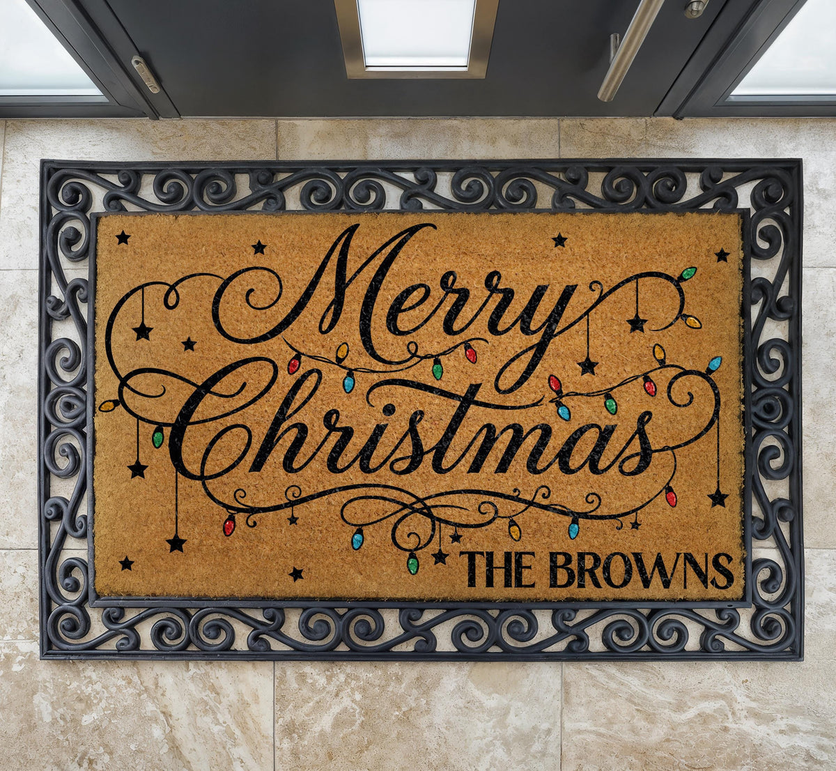 Personalized Merry Christmas Lights Doormat, Family Name Holiday Welcome Mat