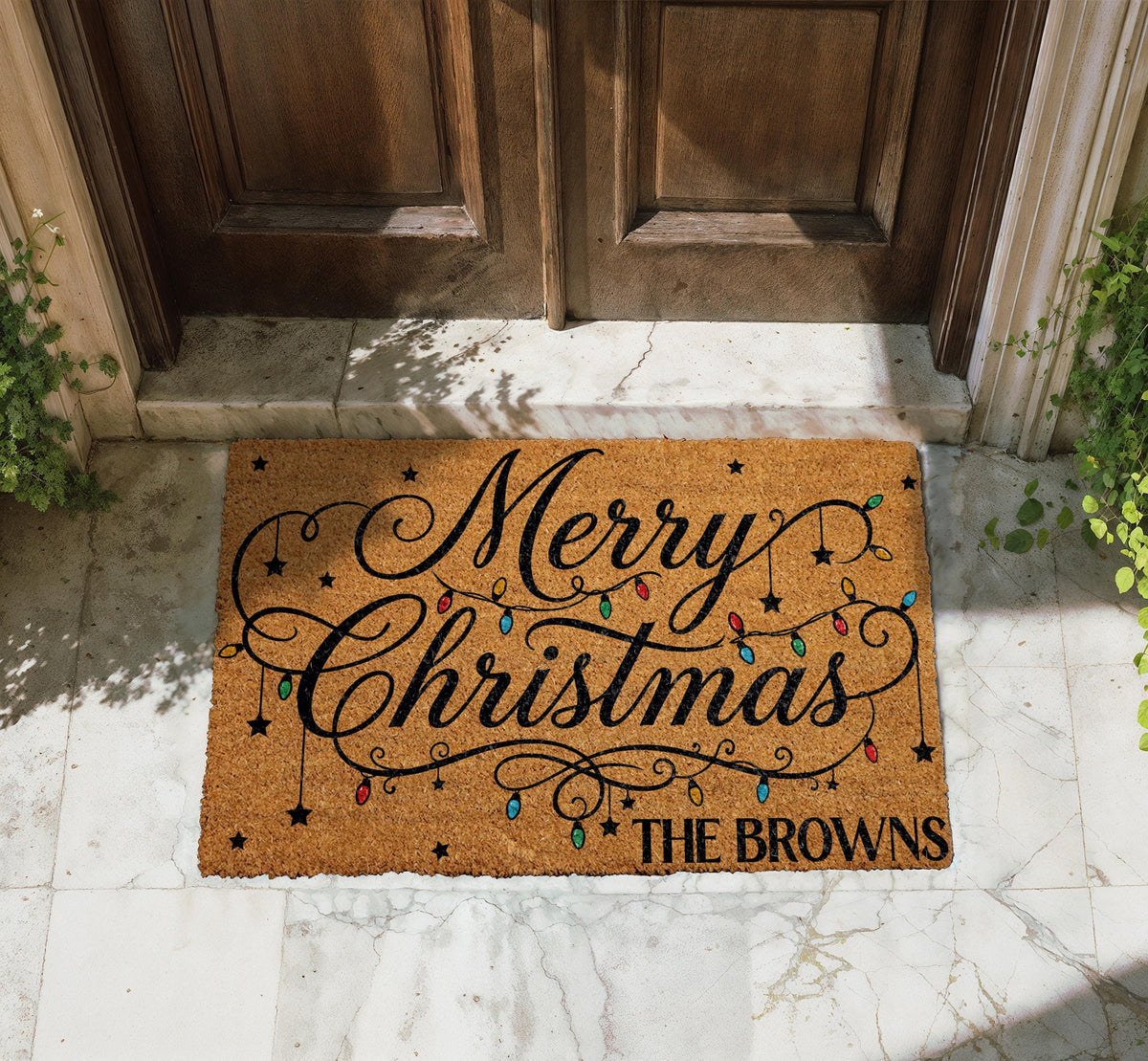 Personalized Merry Christmas Lights Doormat, Family Name Holiday Welcome Mat