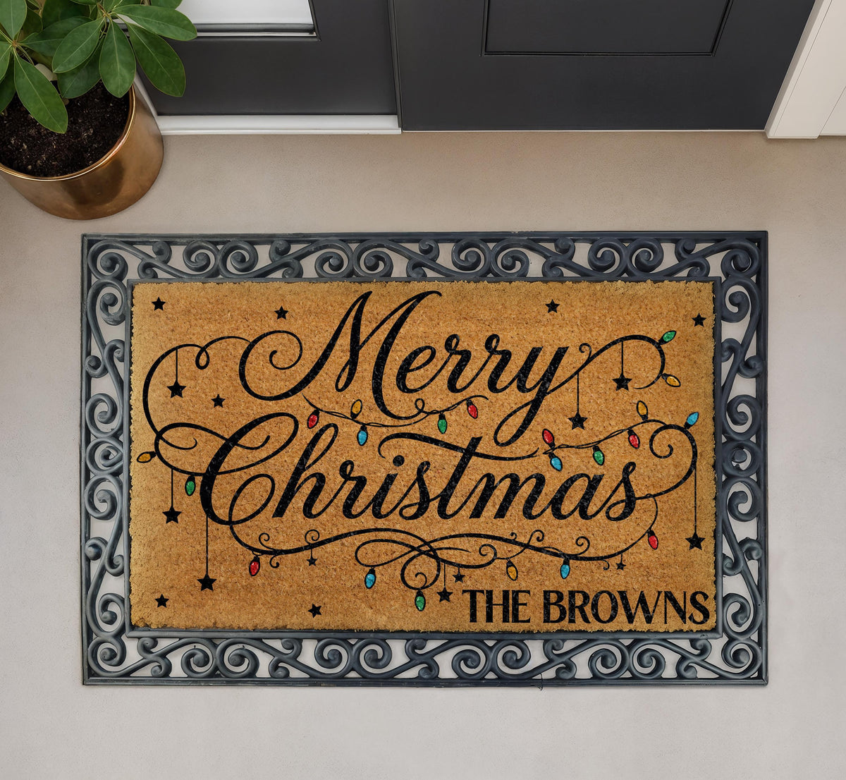 Personalized Merry Christmas Lights Doormat, Family Name Holiday Welcome Mat
