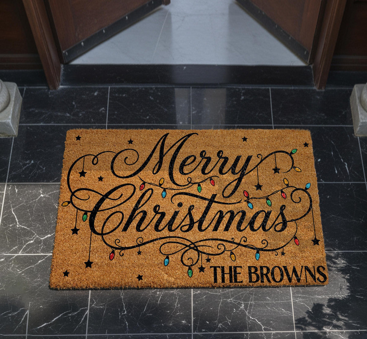 Personalized Merry Christmas Lights Doormat, Family Name Holiday Welcome Mat