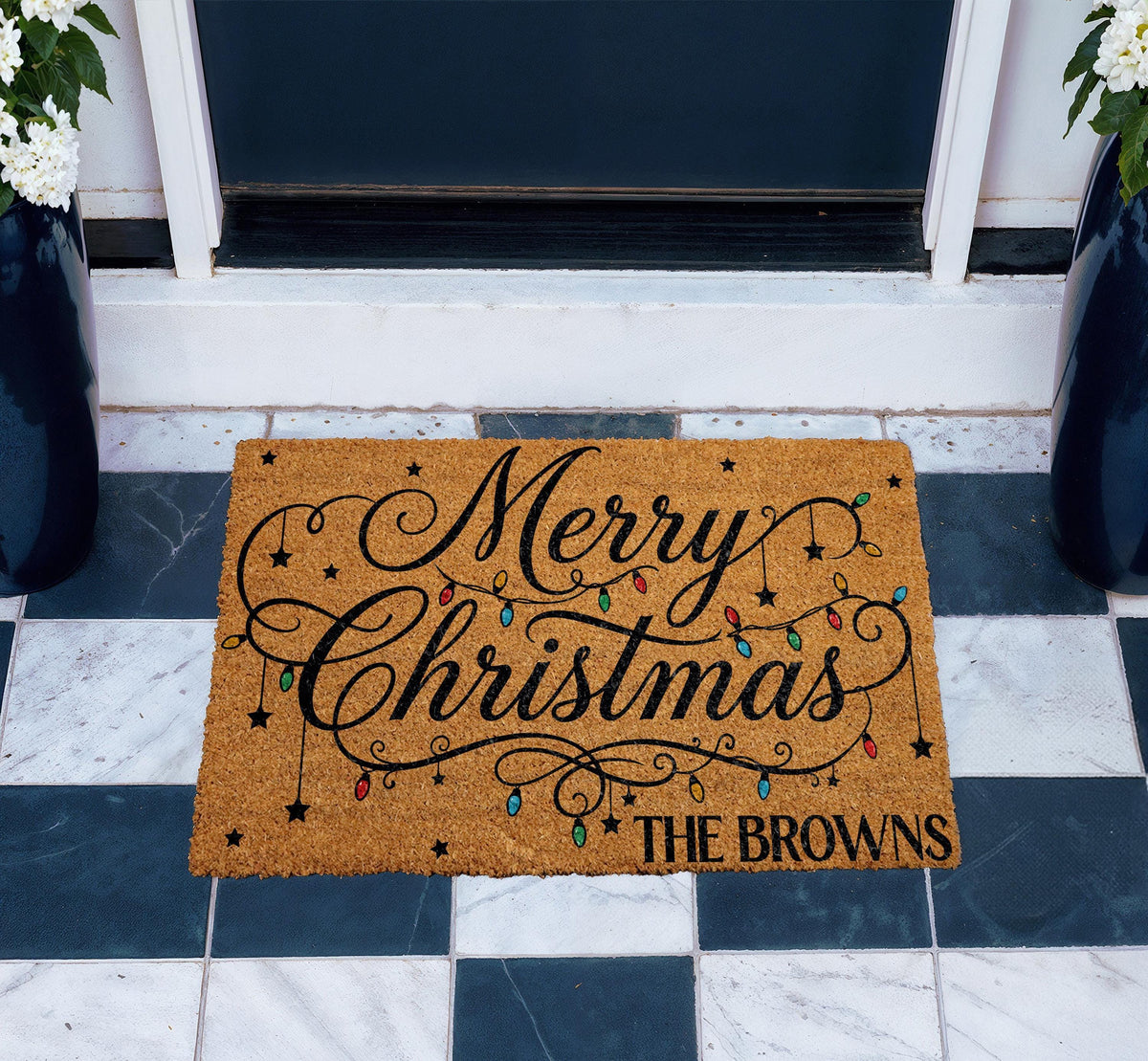 Personalized Merry Christmas Lights Doormat, Family Name Holiday Welcome Mat