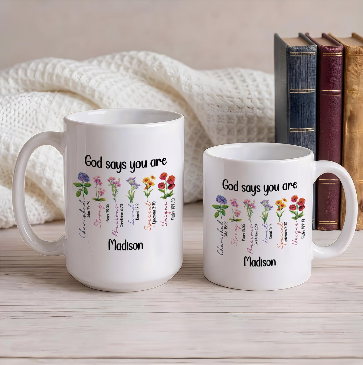 Personalized God Says You Are Mug with Name, Custom Bible Verse Wildflower Coffee Cup