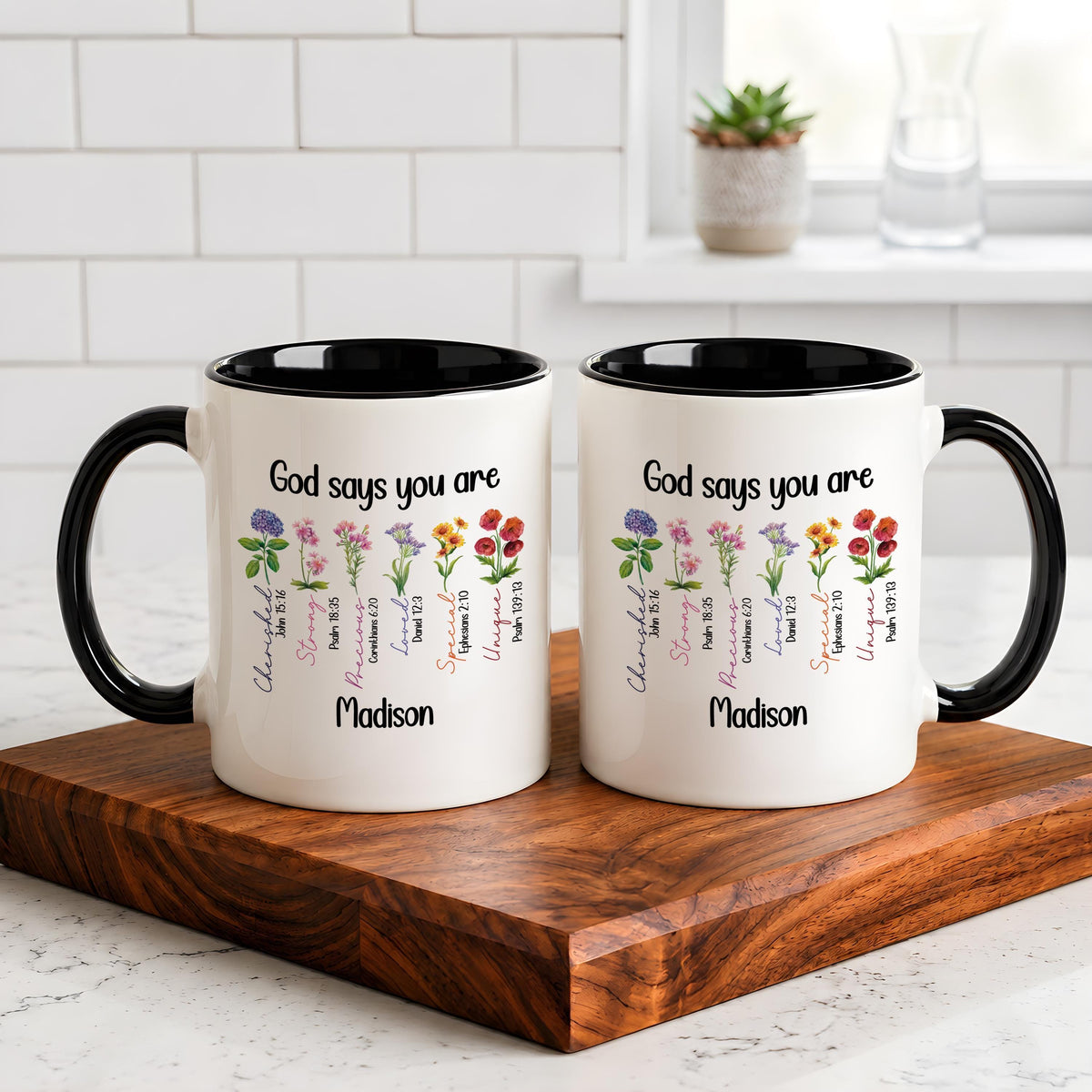 Personalized God Says You Are Mug with Name, Custom Bible Verse Wildflower Coffee Cup