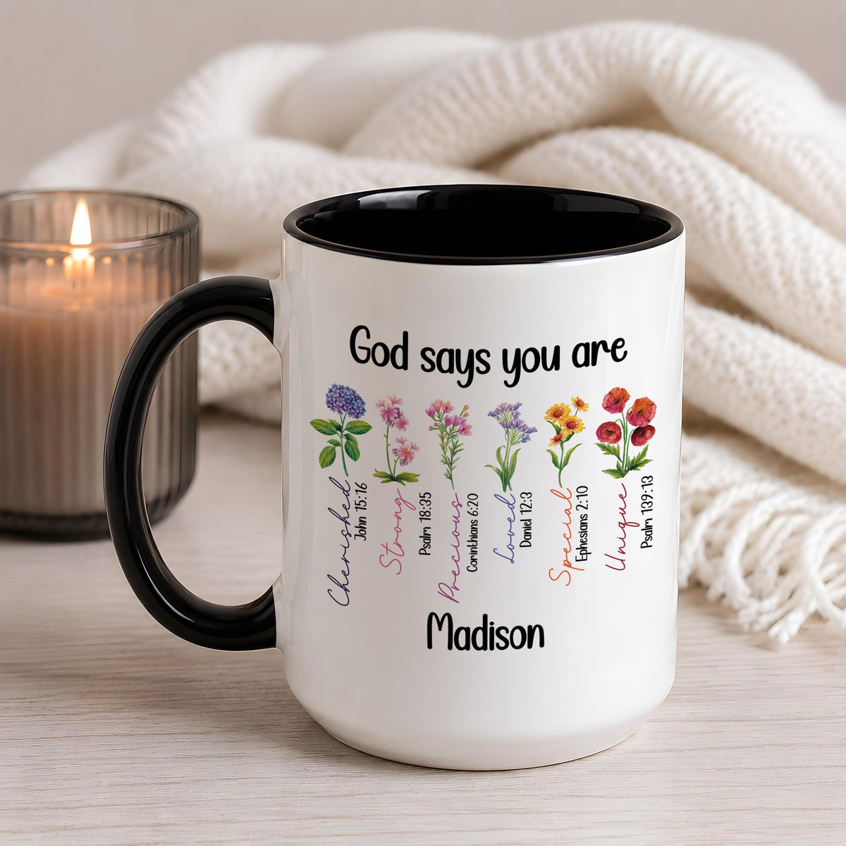 Personalized God Says You Are Mug with Name, Custom Bible Verse Wildflower Coffee Cup
