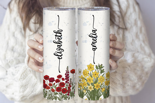 Custom Name Birth Flower Tumbler with Straw, Personalized Cottagecore Insulated Cup