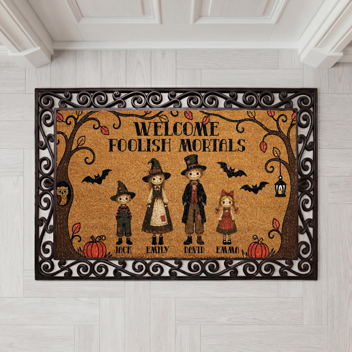 Personalized Scarecrow Family Halloween Doormat, Spooky Fall Welcome Mat, Haunted House Front Porch Decor