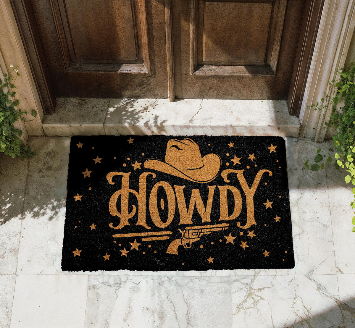 Howdy Doormat, Western Welcome Mat, Cowboy Hat and Revolver Home Entrance Mat