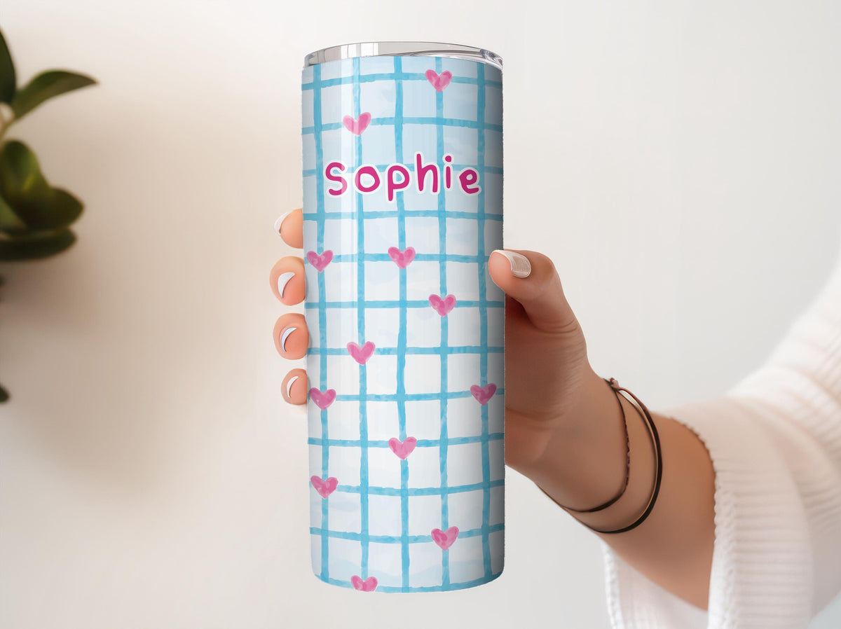 Personalized Cute Heart Plaid Coffee Tumbler, Custom Name Pastel Grid Insulated Cup