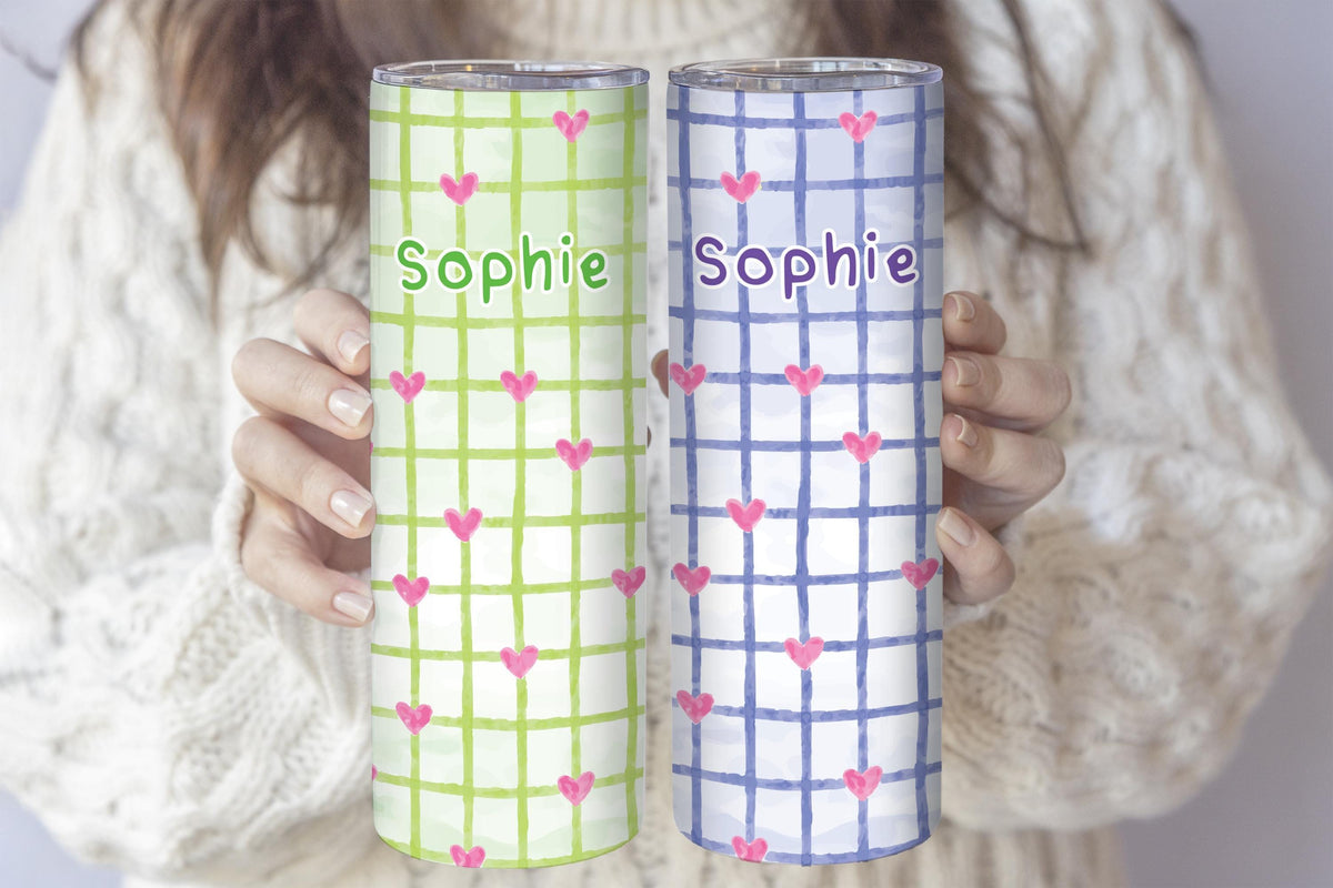 Personalized Cute Heart Plaid Coffee Tumbler, Custom Name Pastel Grid Insulated Cup