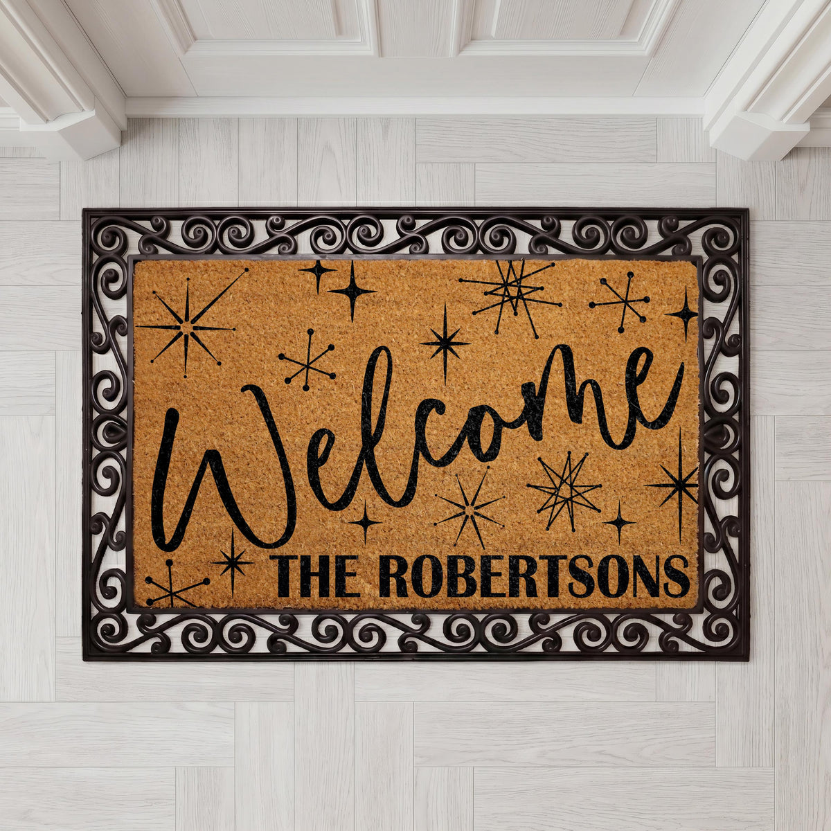 Custom Retro Starburst Doormat, Mid Century Modern Welcome Mat, Family Name Housewarming Gift