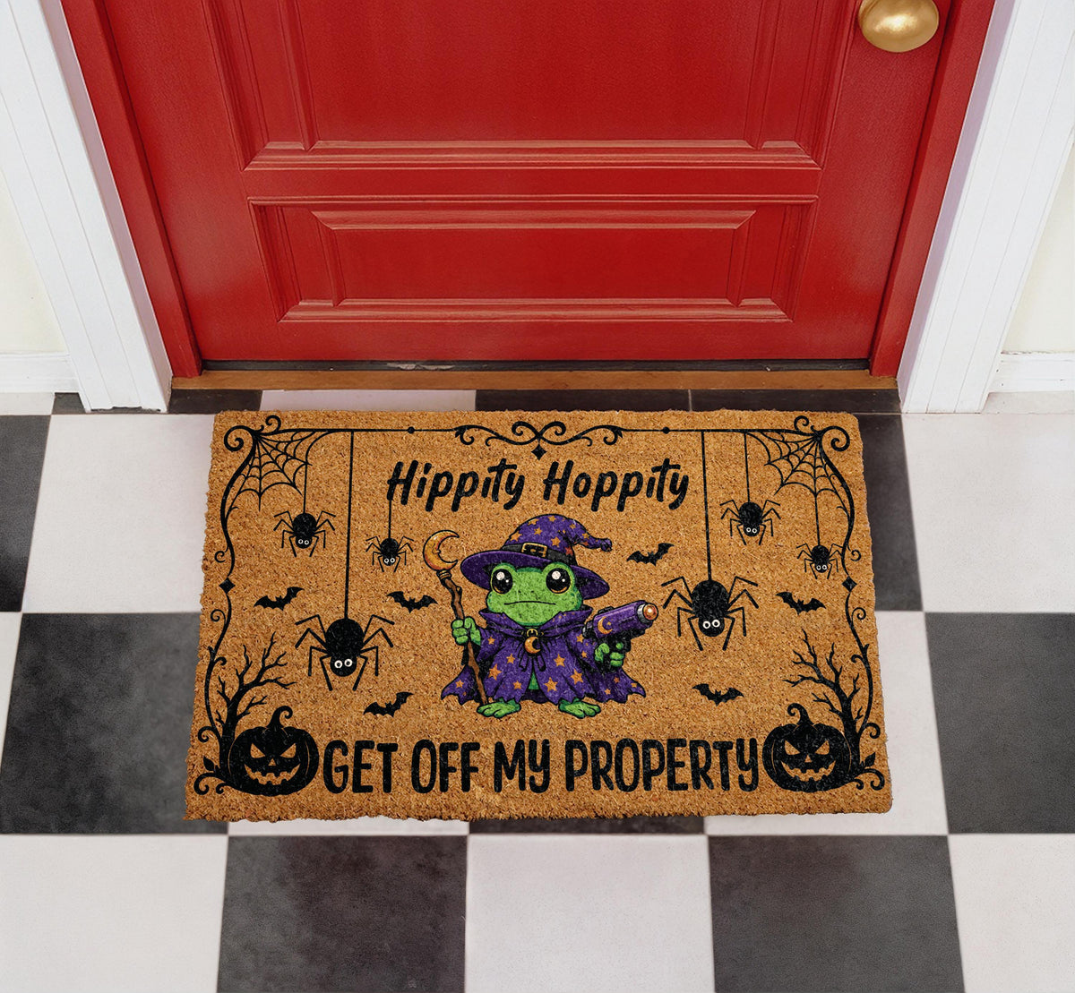 Hippity Hoppity Frog Halloween Doormat, Spooky Welcome Mat (Coir)