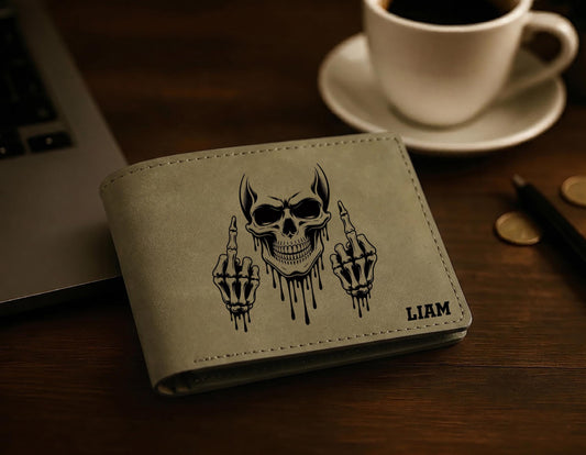 Personalized Skull Middle Finger Wallet, Custom Engraved Halloween Bifold for Him
