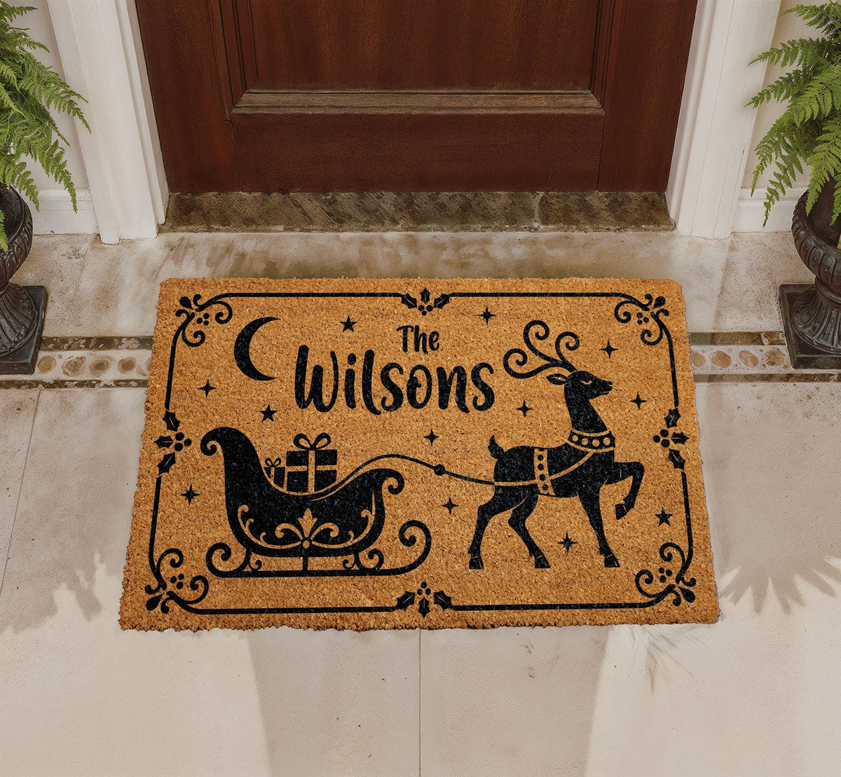 Personalized Reindeer Sleigh Doormat, Custom Family Name Holiday Welcome Mat (Coir)