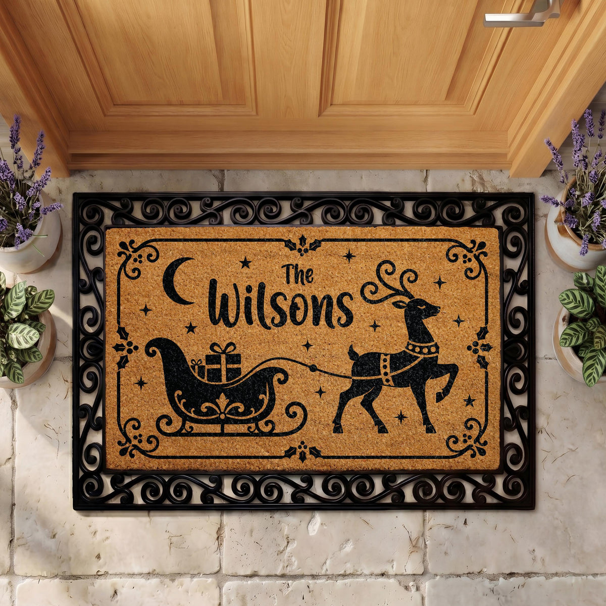 Personalized Reindeer Sleigh Doormat, Custom Family Name Holiday Welcome Mat (Coir)