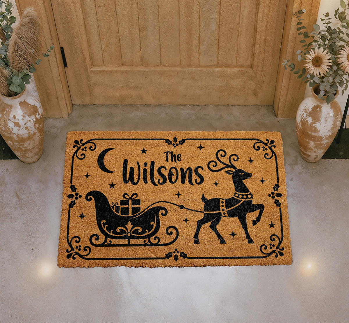 Personalized Reindeer Sleigh Doormat, Custom Family Name Holiday Welcome Mat (Coir)