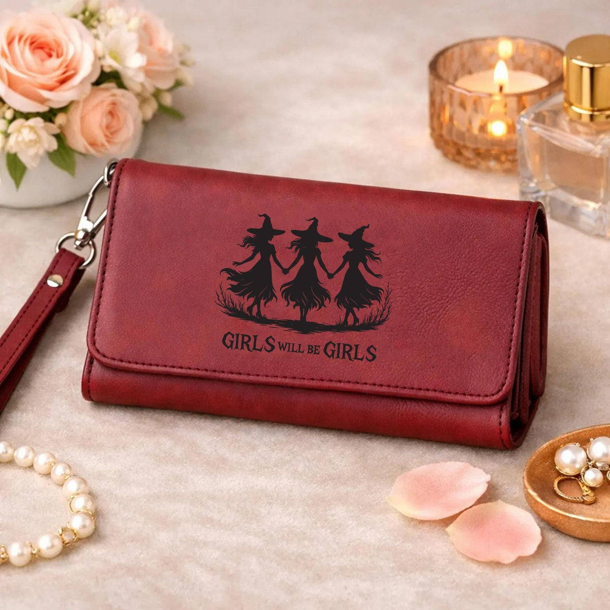 Girls Will Be Girls Witches Wallet, Engraved Vegan Leather Halloween Wristlet