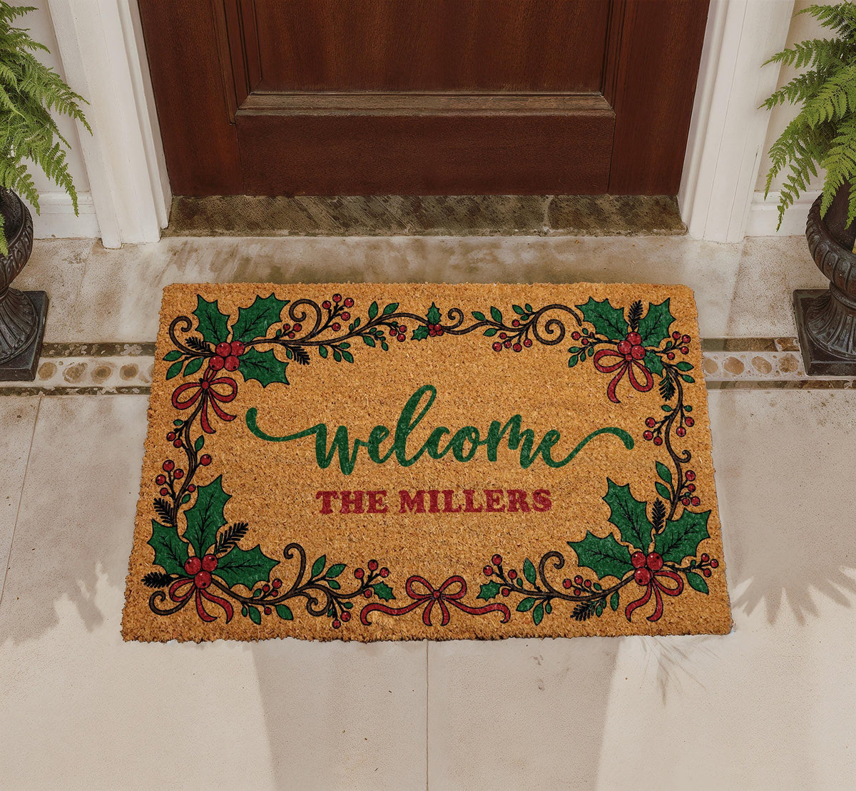Personalized Holly Berry Christmas Doormat, Custom Family Name Welcome Mat (Coir)