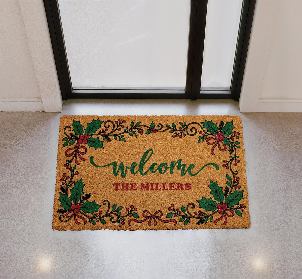 Personalized Holly Berry Christmas Doormat, Custom Family Name Welcome Mat (Coir)