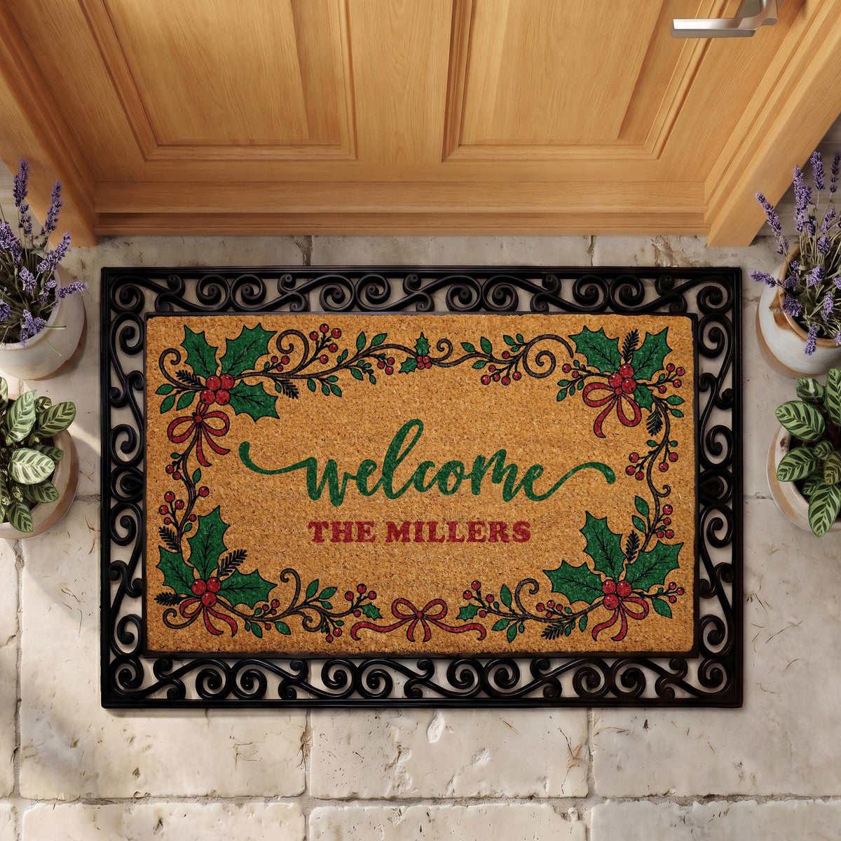 Personalized Holly Berry Christmas Doormat, Custom Family Name Welcome Mat (Coir)