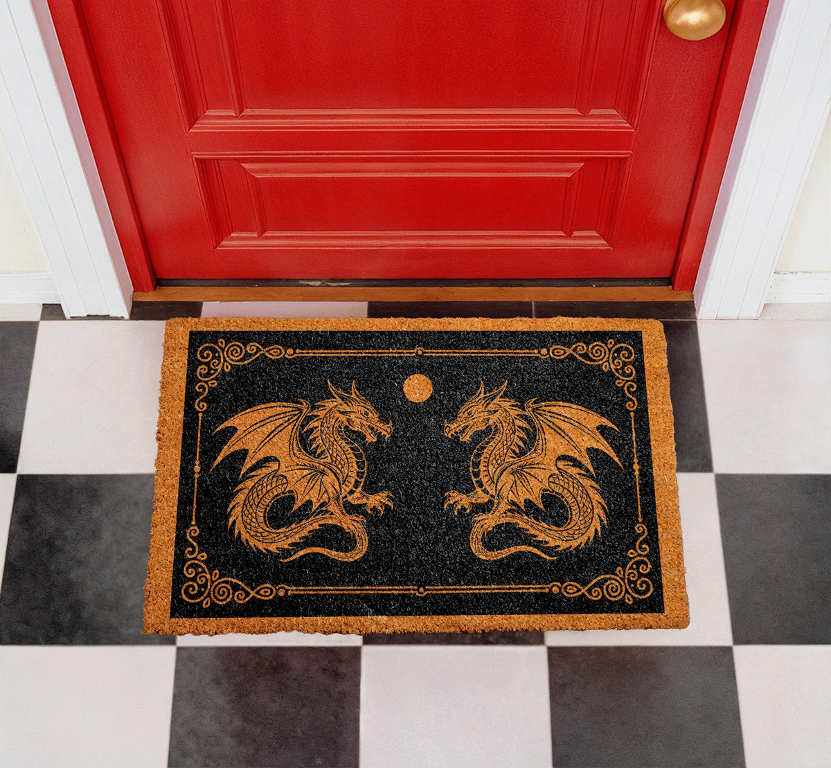 Gothic Dragon Doormat, Fantasy Welcome Mat, Medieval Style Door Mat, Twin Dragon Coir Mat, Gift for Dragon Lovers, Outdoor Entry Rug