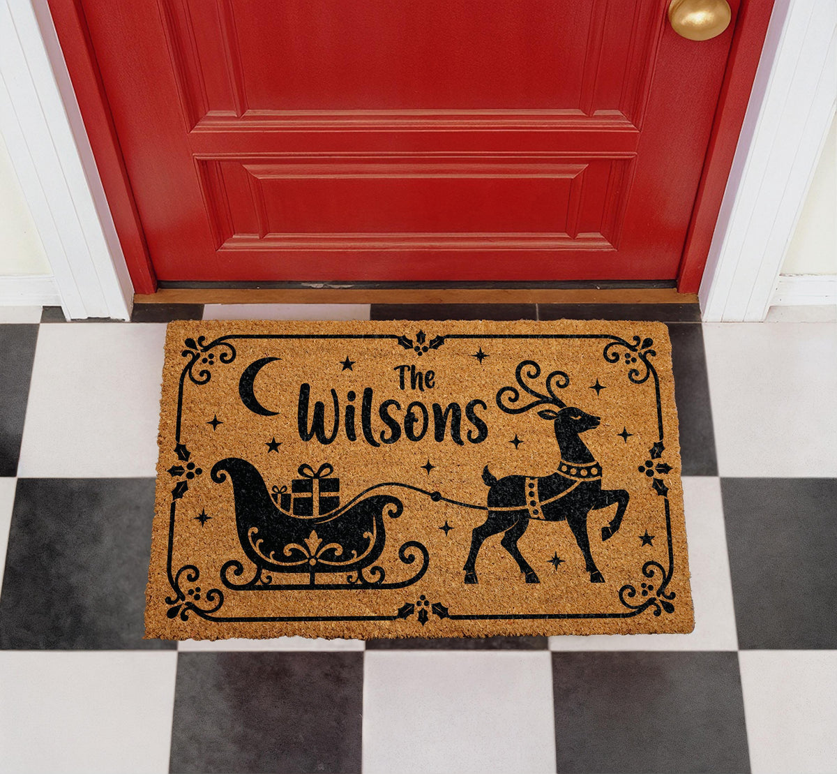 Personalized Reindeer Sleigh Doormat, Custom Family Name Holiday Welcome Mat (Coir)