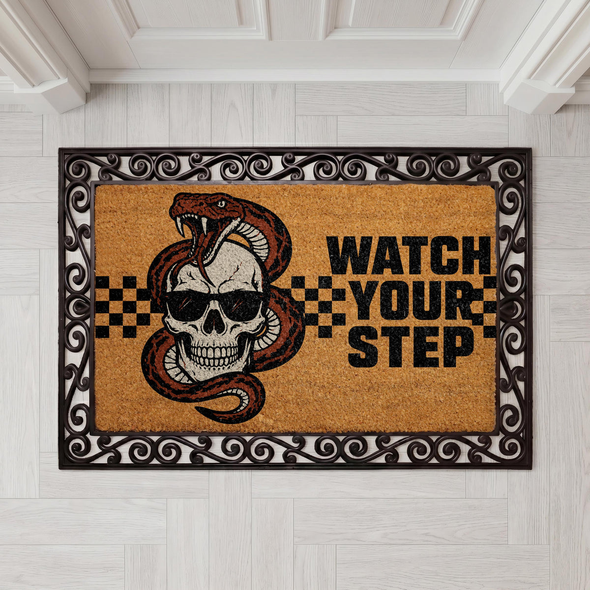 Snake Skull Doormat, Watch Your Step, Gothic Biker Porch Rug (Coir)