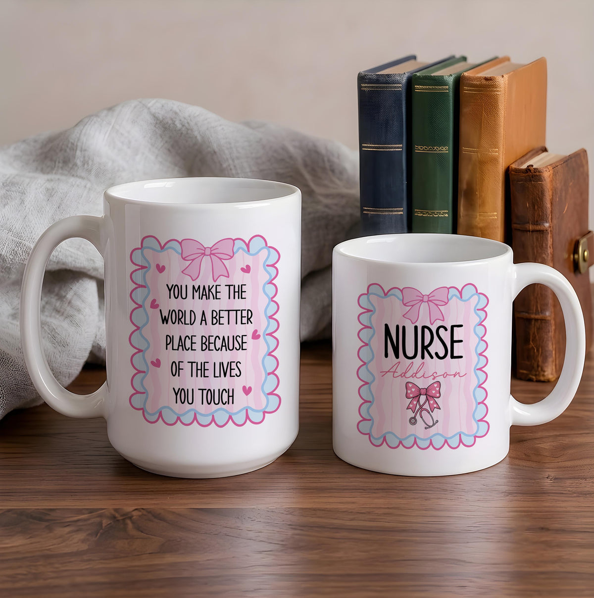 Personalized Nurse Mug, Coquette Bow Design, Custom Ceramic Coffee Cup (11oz/15oz)