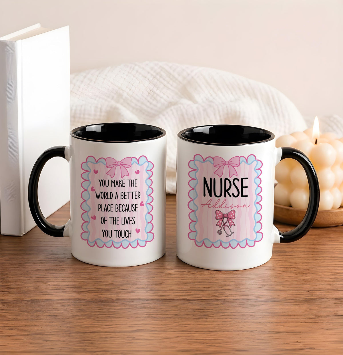 Personalized Nurse Mug, Coquette Bow Design, Custom Ceramic Coffee Cup (11oz/15oz)