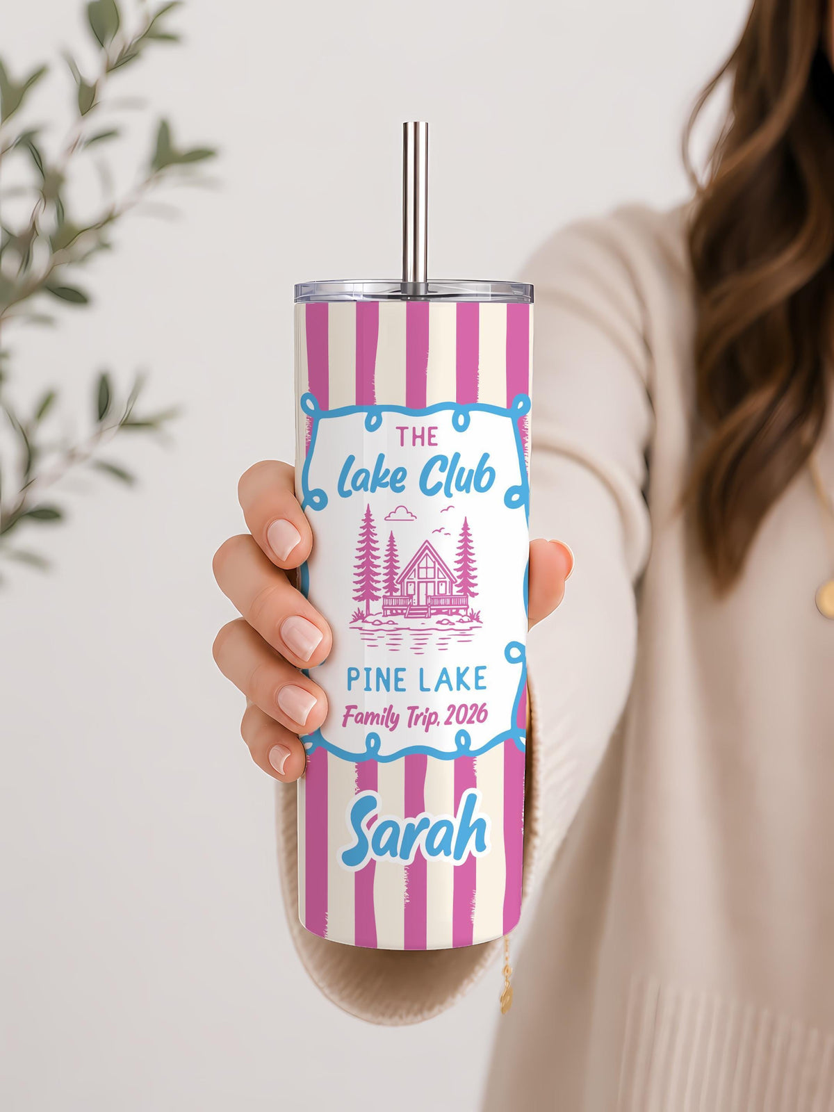 Personalized Family Trip Tumbler, Custom Name Striped Stainless Steel Cup (20oz)