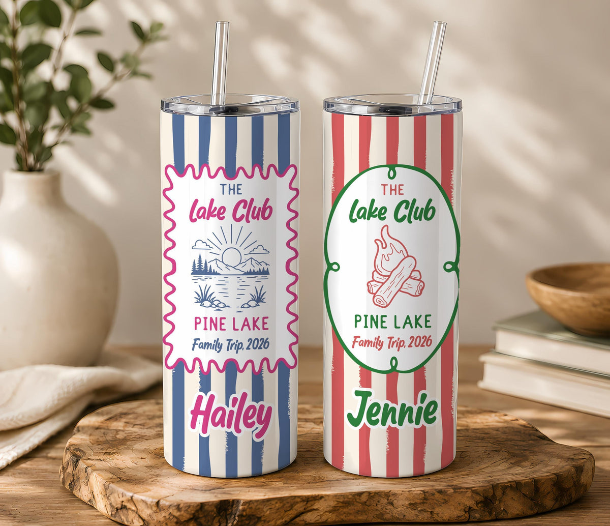 Personalized Family Trip Tumbler, Custom Name Striped Stainless Steel Cup (20oz)