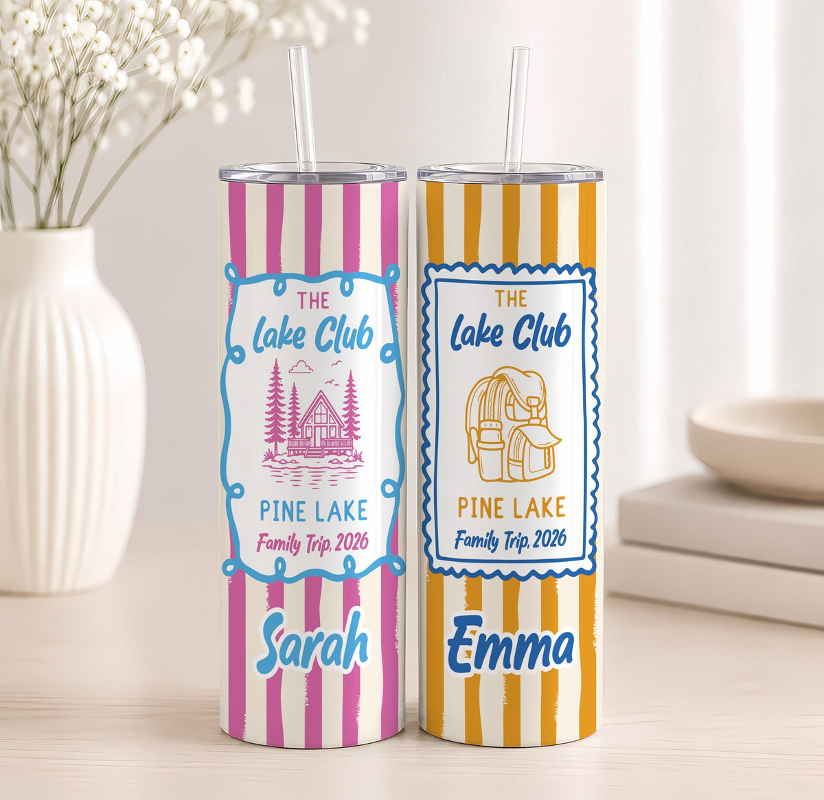 Personalized Family Trip Tumbler, Custom Name Striped Stainless Steel Cup (20oz)