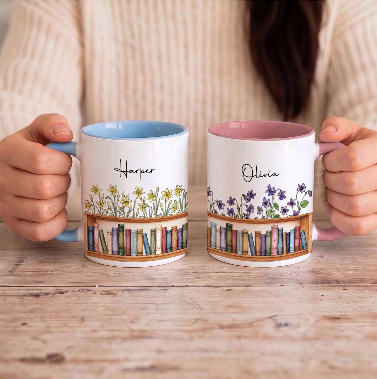 Custom Name Bookshelf Birth Flower Ceramic Mug, Personalized Floral Librarian Gift