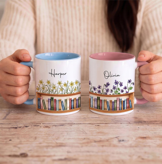 Custom Name Bookshelf Birth Flower Ceramic Mug, Personalized Floral Librarian Gift