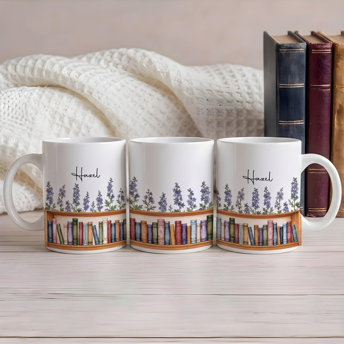 Custom Name Bookshelf Birth Flower Ceramic Mug, Personalized Floral Librarian Gift