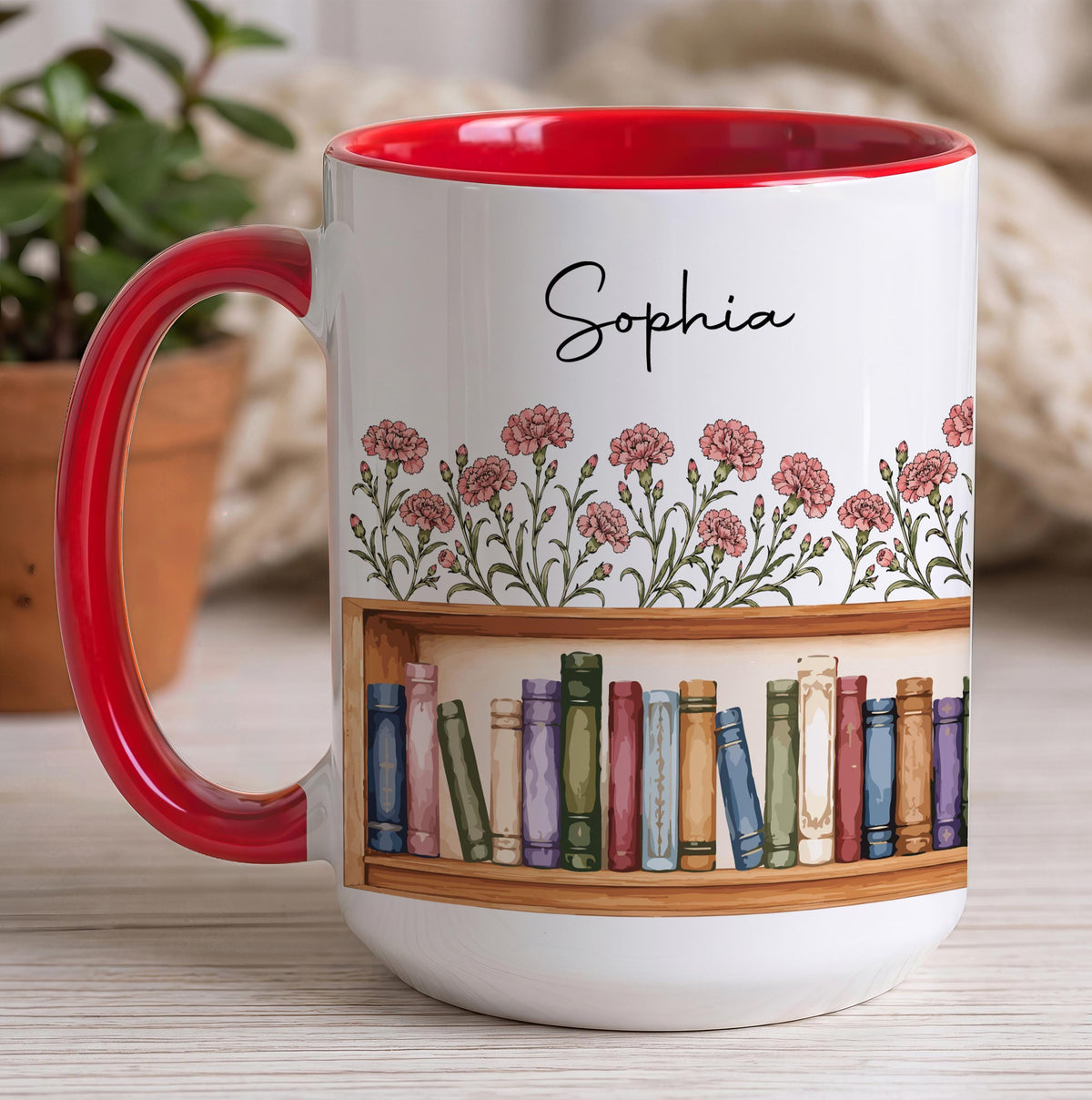 Custom Name Bookshelf Birth Flower Ceramic Mug, Personalized Floral Librarian Gift