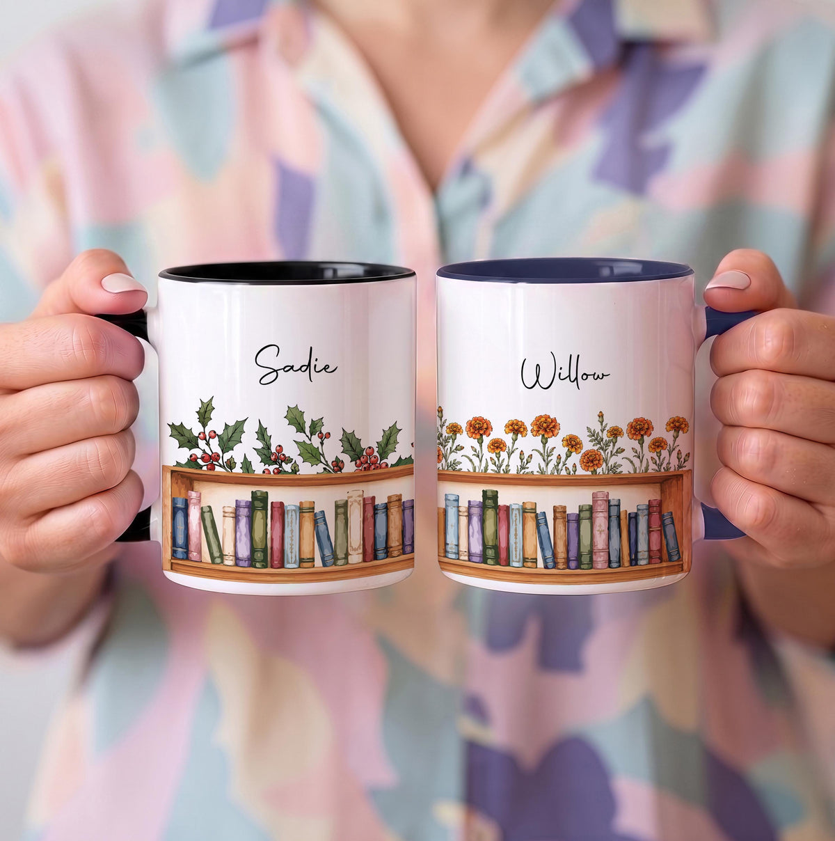 Custom Name Bookshelf Birth Flower Ceramic Mug, Personalized Floral Librarian Gift