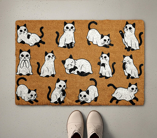 Ghost Cat Pattern Doormat, Cute Halloween Coir Mat, Spooky Pet Welcome Rug, Fall Front Door Decor, Funny Animal Ghost Porch Mat