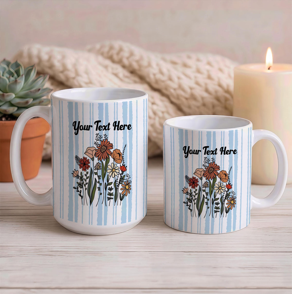 Custom Wildflower Ceramic Mug, Striped Floral Drinkware, Personalized Gift for Mom