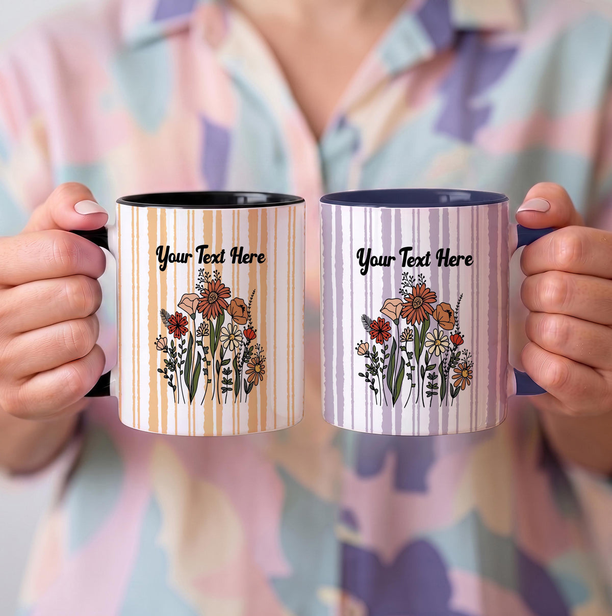 Custom Wildflower Ceramic Mug, Striped Floral Drinkware, Personalized Gift for Mom