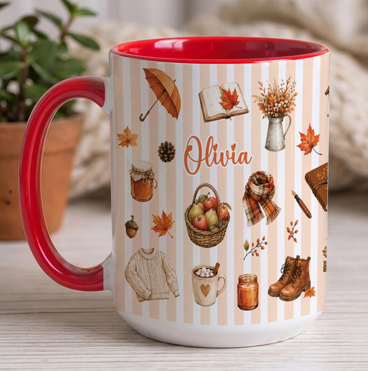 Custom Name Autumn Coffee Mug, Personalized Fall Ceramic Cup, Pumpkin Spice Gift