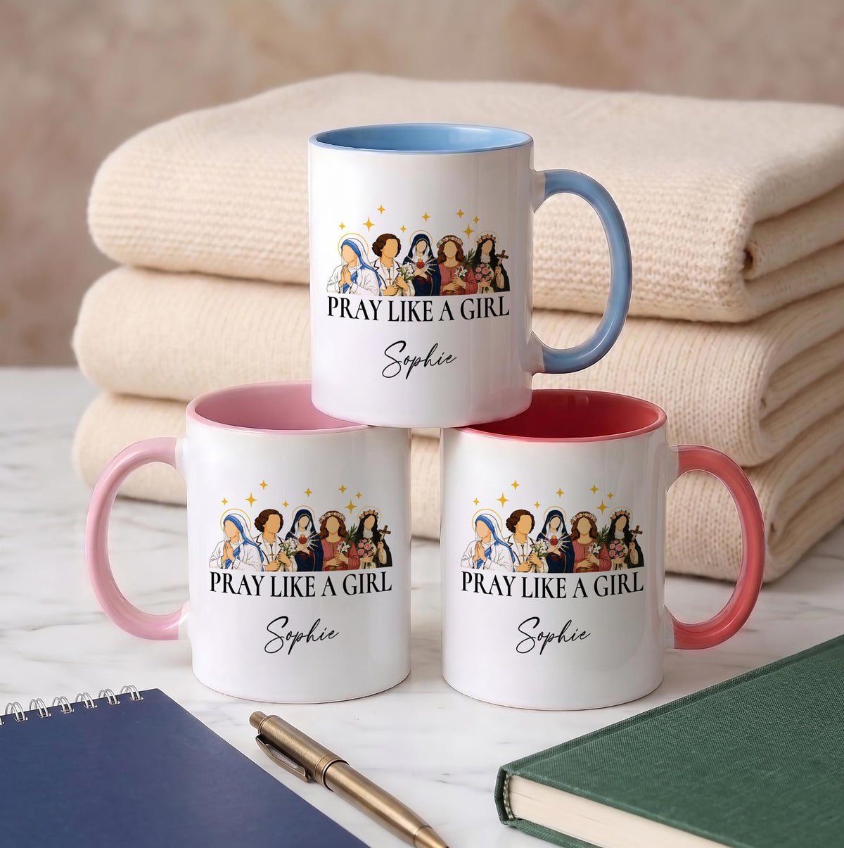 Personalized Catholic Saints Coffee Mug, Pray Like A Girl, Custom Name Ceramic Cup